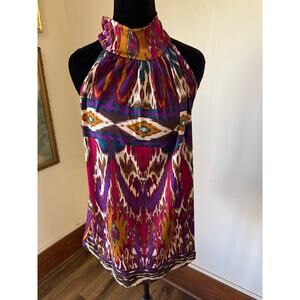 Destiny Ikat Halter Top Medium Boho Y2K High Neck Slinky Stretch Blouse